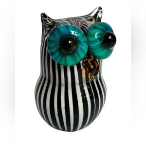 Murano style glass owl striped black white teal eyes mcm vintage Italy